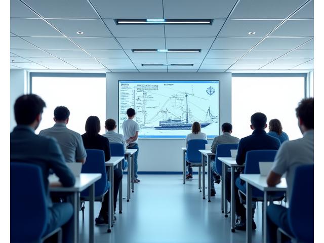 Modern maritime classroom with interactive screens
