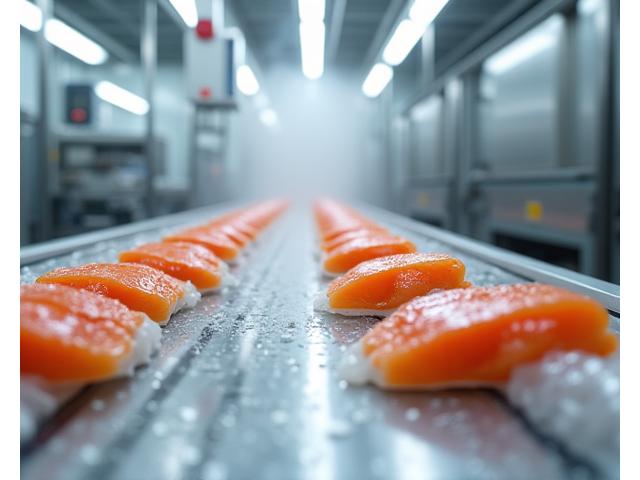 Modern seafood processing facility showing automated lines