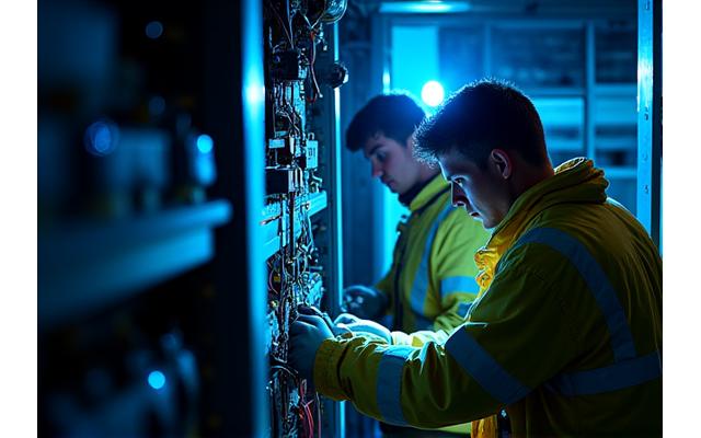 Emergency repair crew working on a vessel's electrical system at night