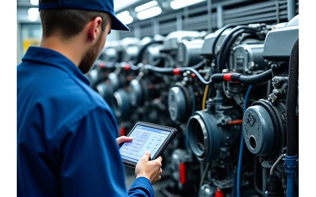 Technician performing routine maintenance on a marine engine