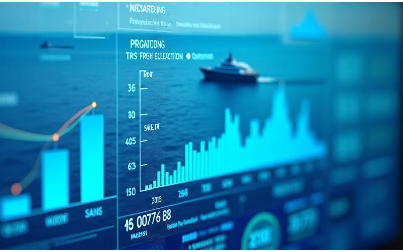 Modern dashboard interface displaying financial charts and graphs related to energy savings and ROI for renewable installations, with a nautical background.