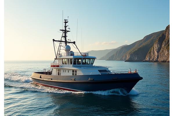 Devon-registered trawler with a small, efficient wind turbine integrated into its mast and solar panels visible on its deck, in a picturesque coastal setting.
