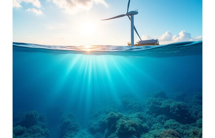 Vibrant, clear blue ocean teeming with healthy marine life, with a partially submerged wind turbine blade and solar reflection on the surface, symbolising clean marine energy and ecosystem health.