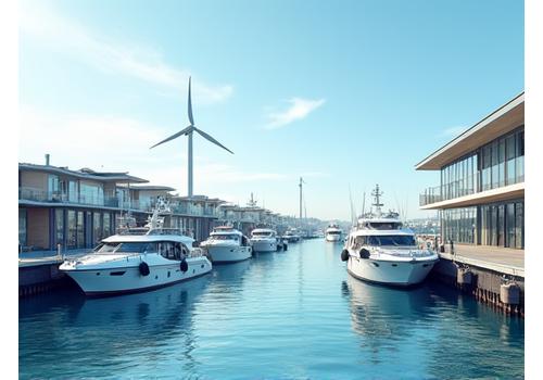 Modern, clean harbor with small fishing vessels connected to shore power, surrounded by visible solar panels on buildings and a graceful wind turbine in the background.