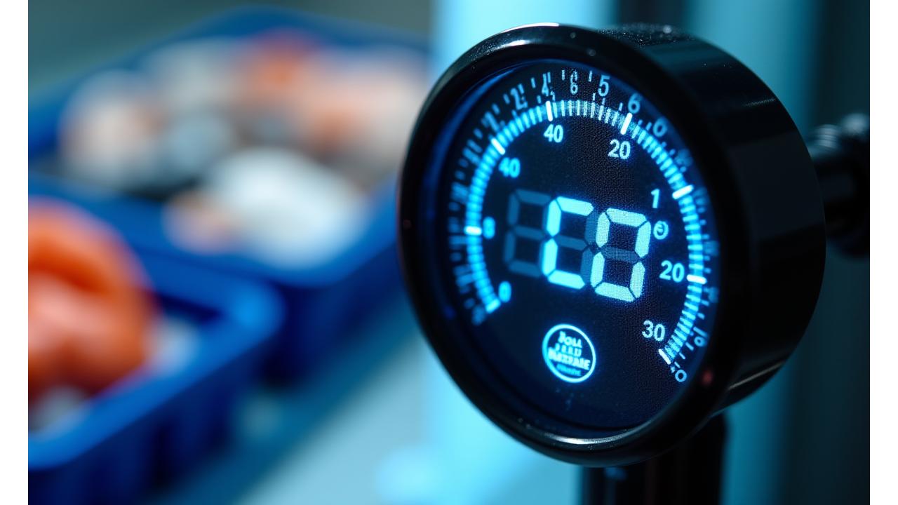 Digital temperature gauge showing 0 degrees Celsius, with a guaranteed badge overlay and fresh seafood in the background